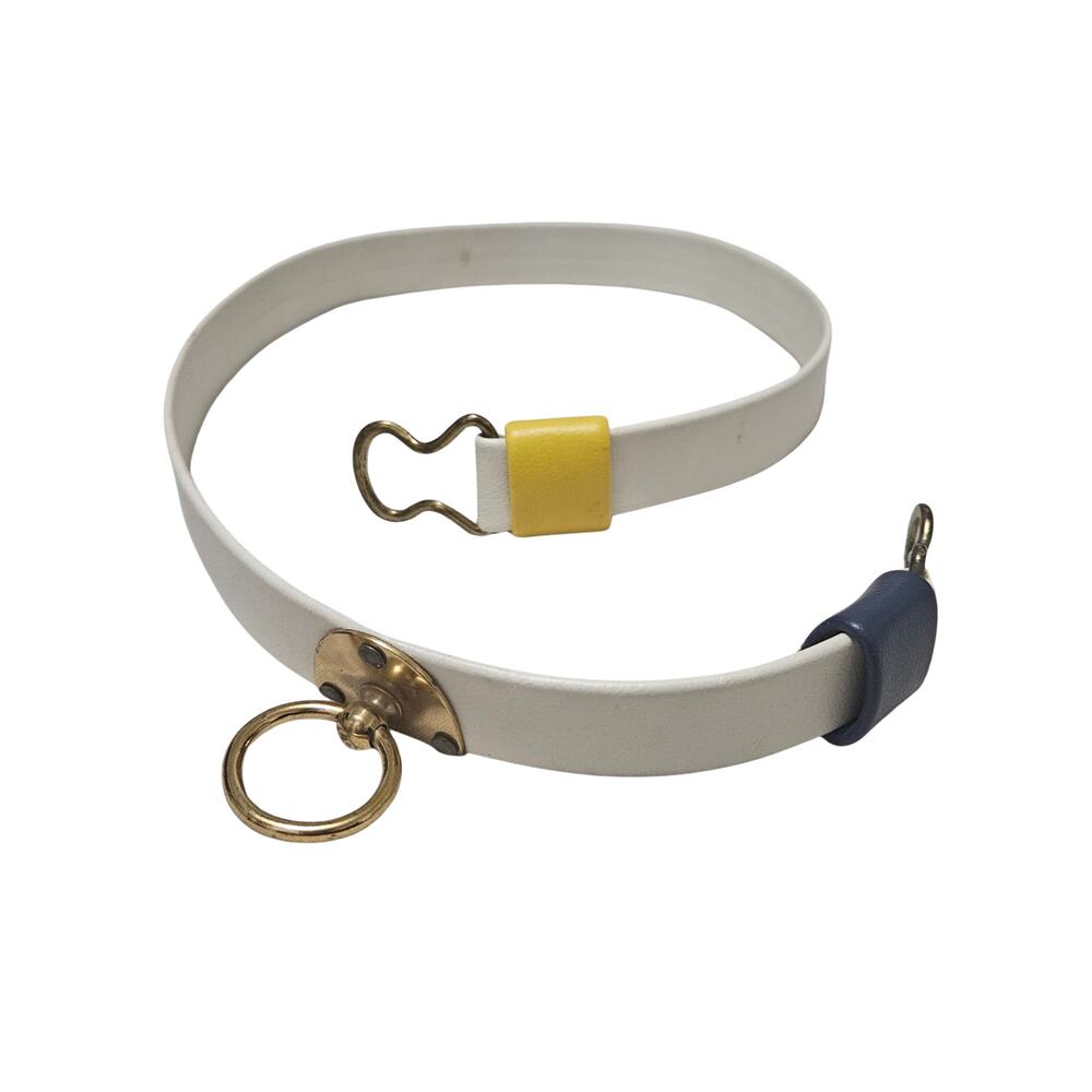 70s White Vinyl Cinching Belt Blue Yellow Accent Gold Side Ring Military Buckles